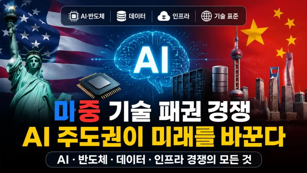 미국과 중국을 상징하는 배경과 AI 두뇌, 반도체, 데이터, 인프라 아이콘으로 기술 패권 경쟁과 AI 주도권 변화를 보여주는 정보형 블로그 썸네일