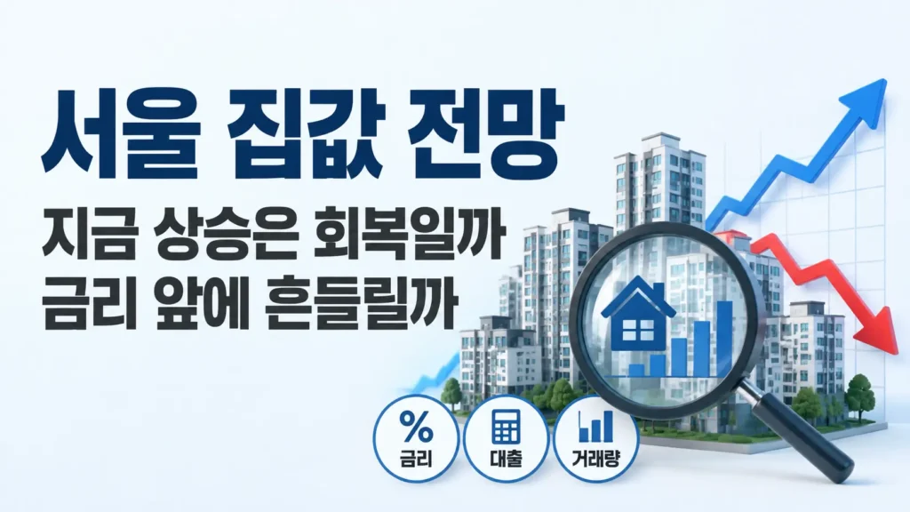 서울 아파트와 돋보기, 상승·하락 흐름 그래프를 활용해 서울 집값 전망과 금리·거래량 등 시장 판단 요소를 보여주는 정보형 블로그 썸네일